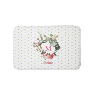 Monogram  Floral en Bird Wreath Polka Dots Badmat