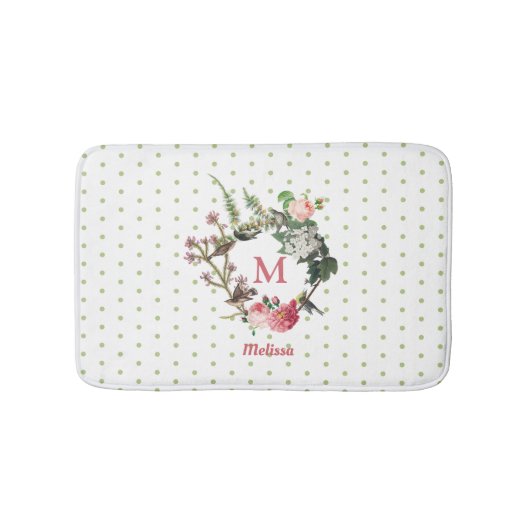 Monogram  Floral en Bird Wreath Polka Dots Badmat (Voorkant)