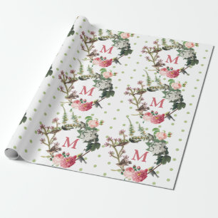 Monogram Floral en Bird Wreath Polka Dots Cadeaupapier