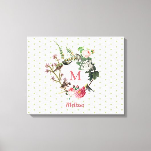 Monogram  Floral en Bird Wreath Polka Dots Canvas Afdruk (Voorkant)