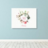 Monogram  Floral en Bird Wreath Polka Dots Canvas Afdruk (Insitu (Houten vloer))
