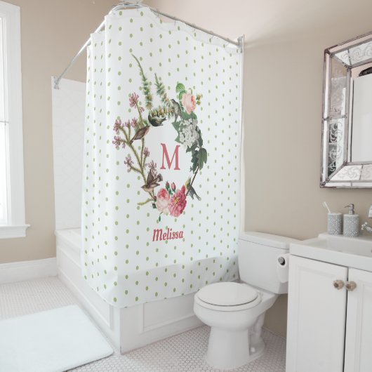 Monogram  Floral en Bird Wreath Polka Dots Douchegordijn (In situ)