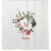 Monogram  Floral en Bird Wreath Polka Dots Douchegordijn (Voorkant)