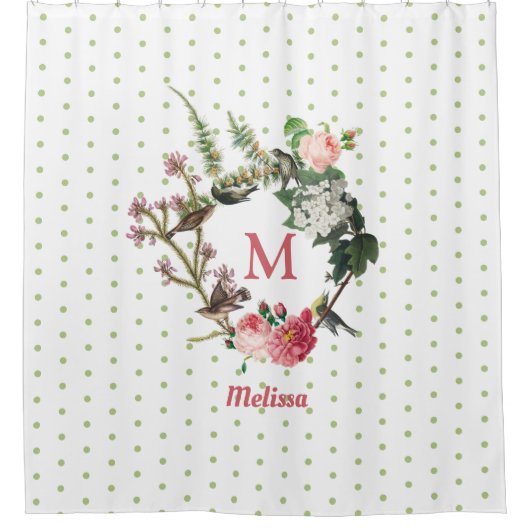 Monogram  Floral en Bird Wreath Polka Dots Douchegordijn (Voorkant)