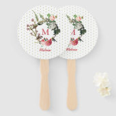 Monogram Floral en Bird Wreath Polka Dots Handwaaier (Voorkant en achterkant)