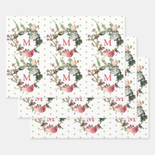 Monogram Floral en Bird Wreath Polka Dots Inpakpapier Vel
