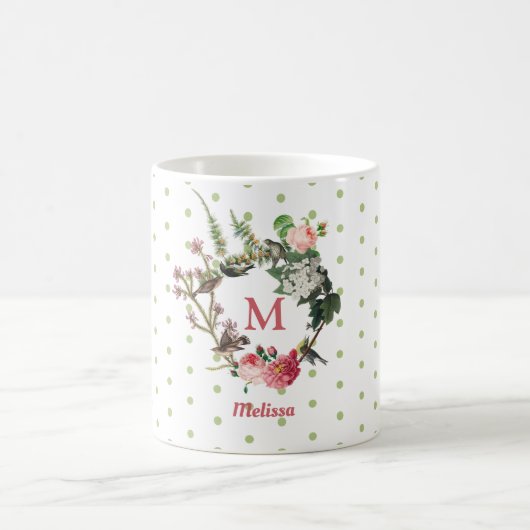 Monogram  Floral en Bird Wreath Polka Dots Koffiemok (Center)