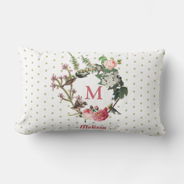 Monogram  Floral en Bird Wreath Polka Dots Kussen (Voorkant)