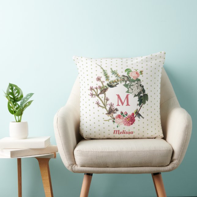 Monogram  Floral en Bird Wreath Polka Dots Kussen (Stoel)