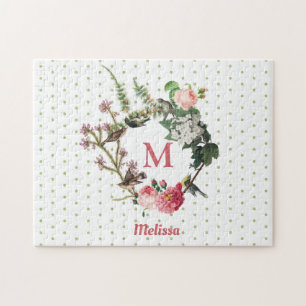 Monogram  Floral en Bird Wreath Polka Dots Legpuzzel