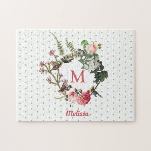 Monogram  Floral en Bird Wreath Polka Dots Legpuzzel (Horizontaal)