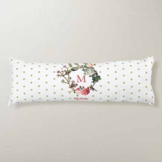 Monogram  Floral en Bird Wreath Polka Dots Lichaamskussen (Voorkant)
