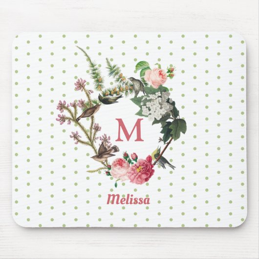 Monogram Floral en Bird Wreath Polka Dots Muismat (Voorkant)