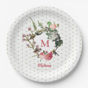 Monogram  Floral en Bird Wreath Polka Dots Papieren Bordje