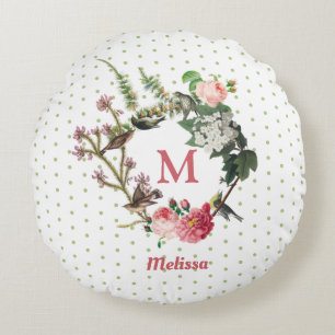 Monogram Floral en Bird Wreath Polka Dots Rond Kussen