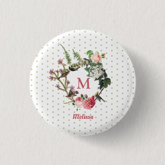 Monogram Floral en Bird Wreath Polka Dots Ronde Button 3,2 Cm (Voorkant)