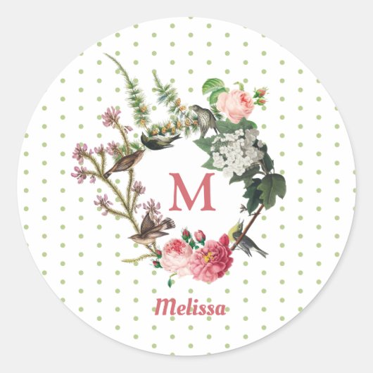 Monogram  Floral en Bird Wreath Polka Dots Ronde Sticker (Voorkant)