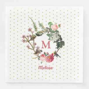 Monogram Floral en Bird Wreath Polka Dots Servet