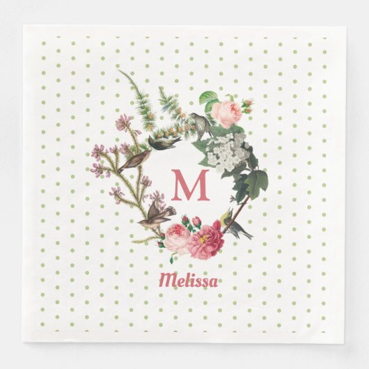 Monogram  Floral en Bird Wreath Polka Dots Servet (Voorkant)