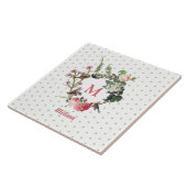 Monogram Floral en Bird Wreath Polka Dots Tegeltje (Zijkant)