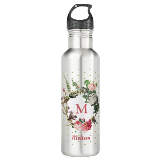 Monogram  Floral en Bird Wreath Polka Dots Waterfles (Voorkant)