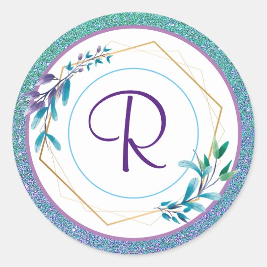 Monogram Floral en Glitter Ronde Sticker (Voorkant)