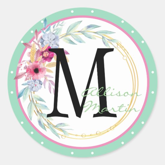 Monogram Floral en Stripes Ronde Sticker (Voorkant)
