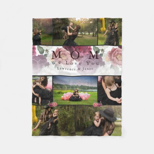 Monogram Floral Family and Moeder Foto Collage Fleece Deken (Voorkant)