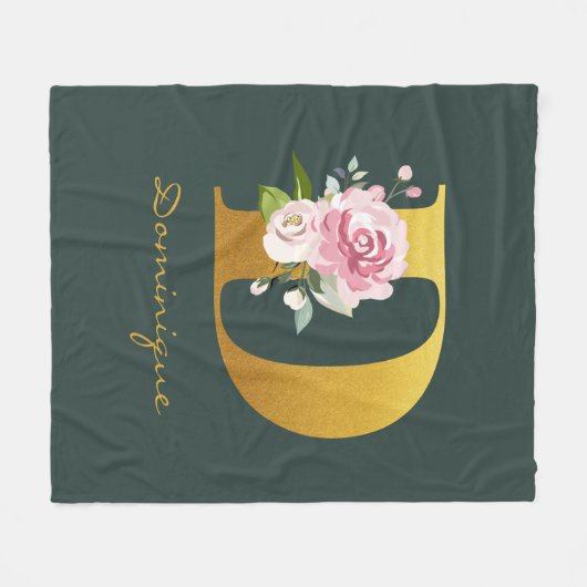 Monogram Floral Faux Gold Name Persoonlijk Fleece Deken (Voorkant (Horizontaal))
