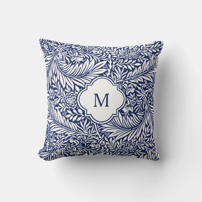 Monogram Floral Foliage William Morris Blue White Kussen (Voorkant)