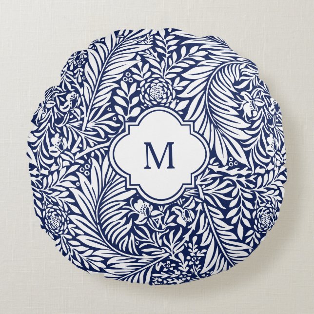 Monogram Floral Foliage William Morris Blue White Rond Kussen (Voorkant)