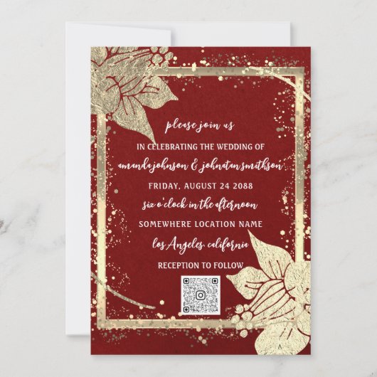 Monogram Floral Foto Gold Lijst QR Code Burgundy Kaart (Voorkant)