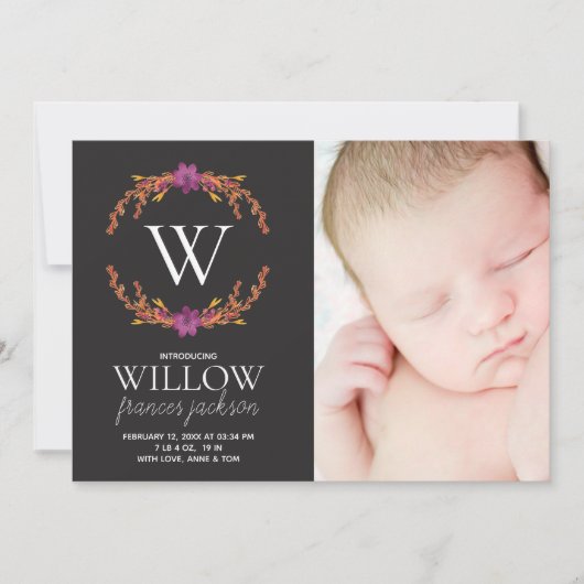 Monogram Floral Foto van Newborn Girl, gepersonali (Voorkant)