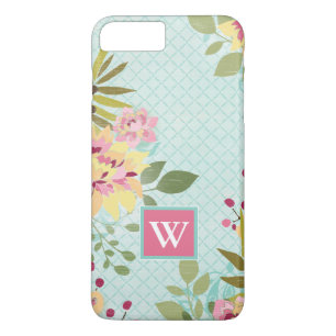 Monogram   Floral Garden, blauwe achtergrond Case-Mate iPhone Case