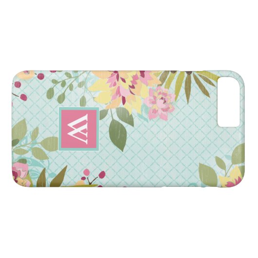 Monogram | Floral Garden, blauwe achtergrond Case-Mate iPhone Case (Achterkant (Horizontaal))