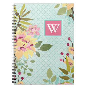 Monogram Floral Garden, blauwe achtergrond Notitieboek