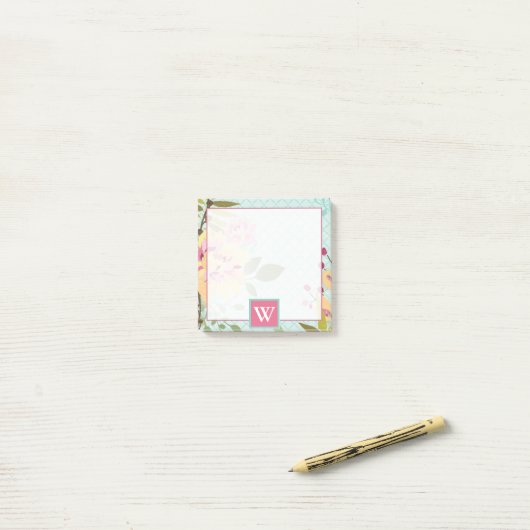 Monogram | Floral Garden, blauwe achtergrond Post-it® Notes (Op bureau)