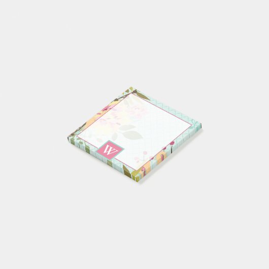 Monogram | Floral Garden, blauwe achtergrond Post-it® Notes (Schuin)