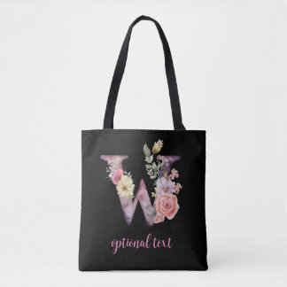 monogram floral gepersonaliseerde zwarte roze lett tote bag