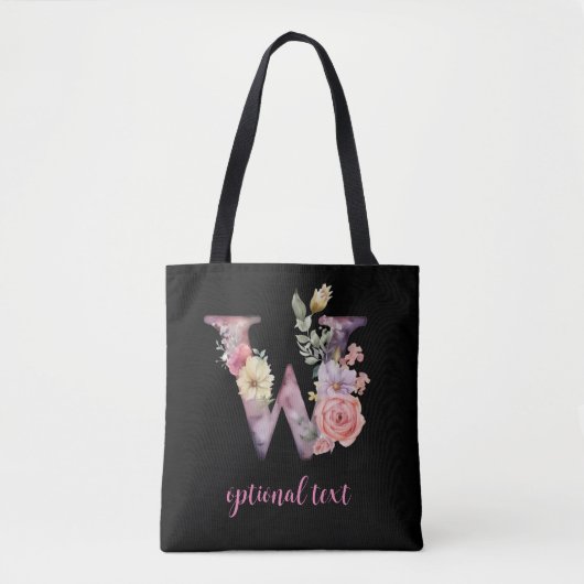 monogram floral gepersonaliseerde zwarte roze lett tote bag (Voorkant)