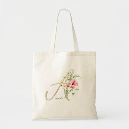 Monogram Floral Gold Initiaal A met naam Canvas ta Tote Bag (Voorkant)