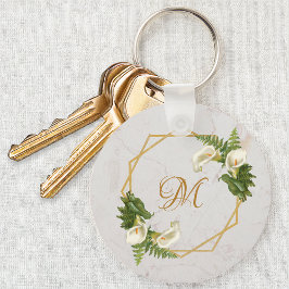 Monogram Floral Gold Marble Calla Lilies Initiaal Sleutelhanger