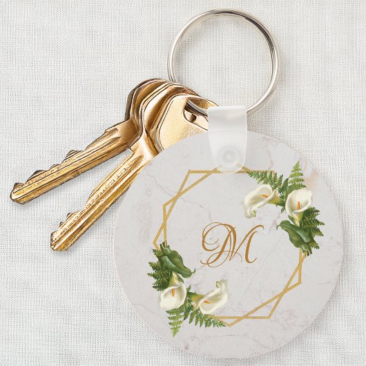 Monogram Floral Gold Marble Calla Lilies Initiaal Sleutelhanger