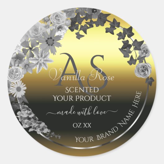 Monogram Floral Gold Silver Grey Product Labels (Voorkant)
