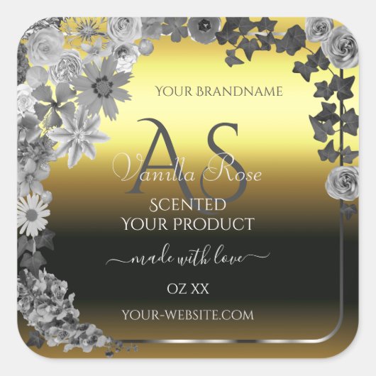 Monogram Floral Gold Silver Grey Product Labels (Voorkant)
