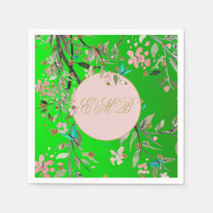 Monogram Floral Green Elegant Pink Gold Birthday Servet