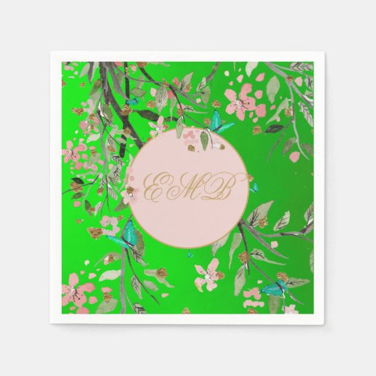 Monogram Floral Green Elegant Pink Gold Birthday Servet (Voorkant)