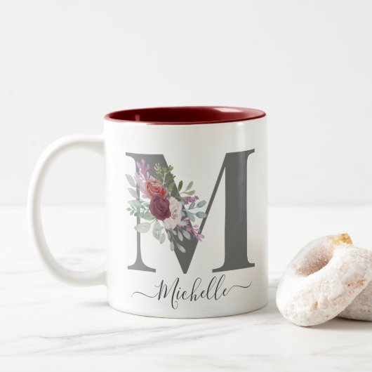 monogram Floral Initiaal Naam Tweekleurige Koffiemok (Met donut)