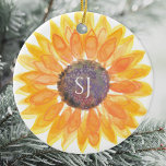 Monogram Floral Keramisch Ornament<br><div class="desc">Dit unieke souvenir ornament is versierd met een gele waterverf zonnebloem en stijlvolle typografie. Gemakkelijk aan te passen. Originele Waterverf © Michele Davies.</div>