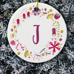 Monogram Floral Keramisch Ornament<br><div class="desc">waterverf bloemen omringen een monogram initiaal,  dat kan worden veranderd om zich te personaliseren.</div>